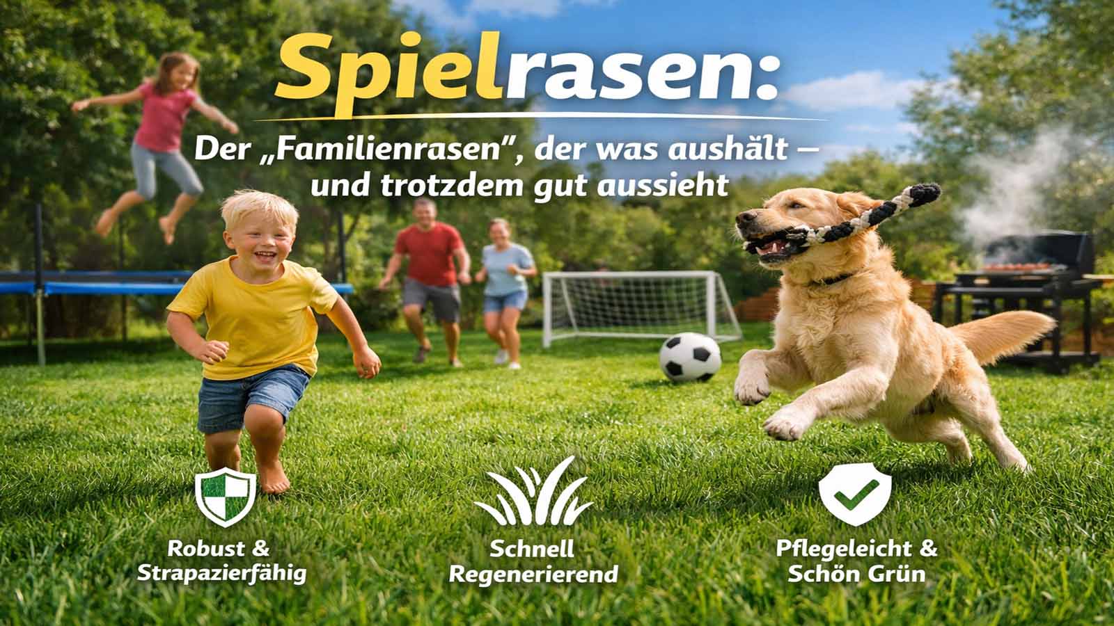 Familie im Garten: Kind läuft über robusten Spielrasen, Hund spielt, im Hintergrund Trampolin und Grill.