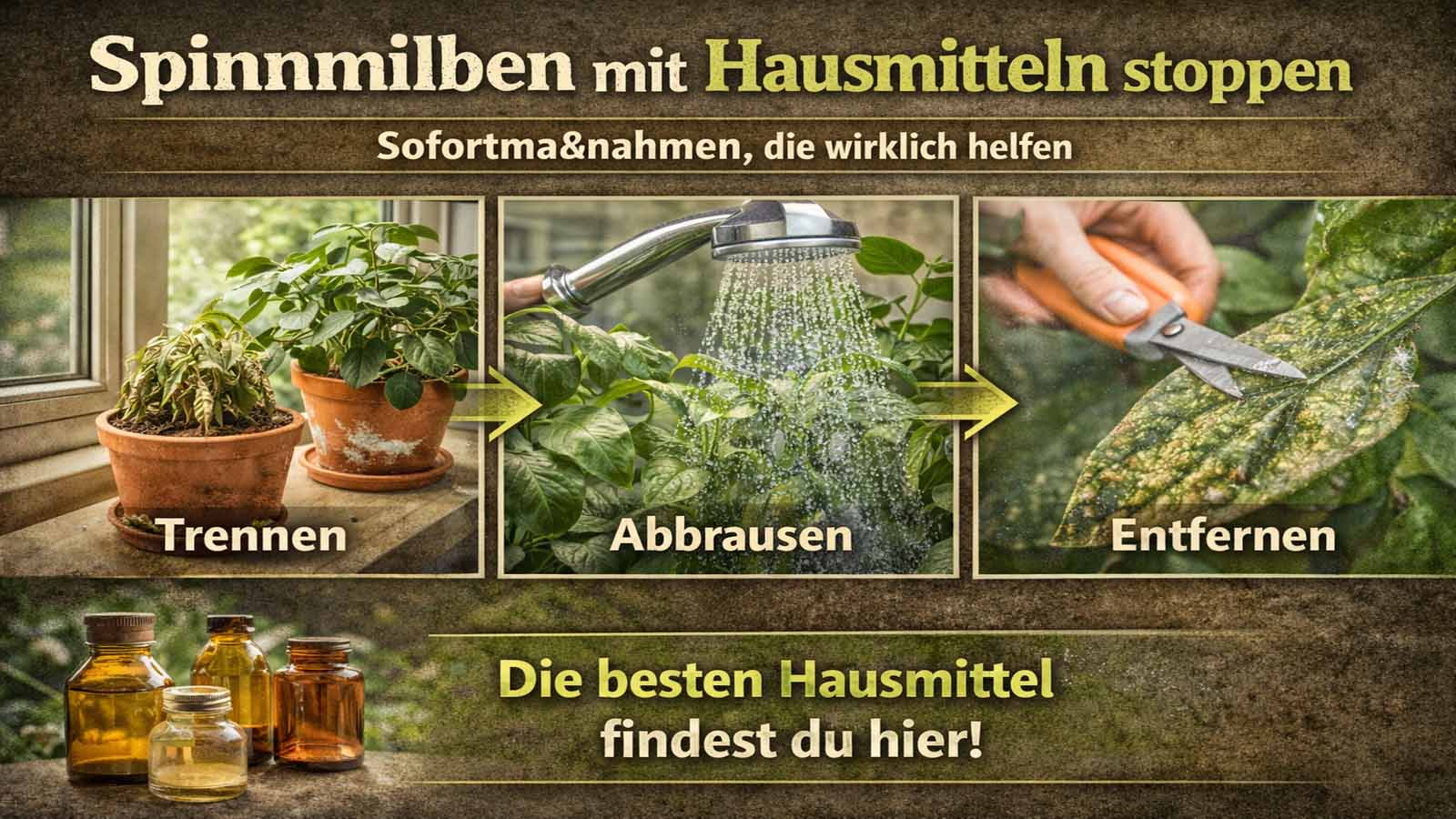 Beitragsgrafik mit drei Schritten gegen Spinnmilben: befallene Pflanzen trennen, Blattunterseiten abbrausen und stark befallene Blätter/Triebe entfernen; kurze Hinweiszeile zu Hausmitteln.