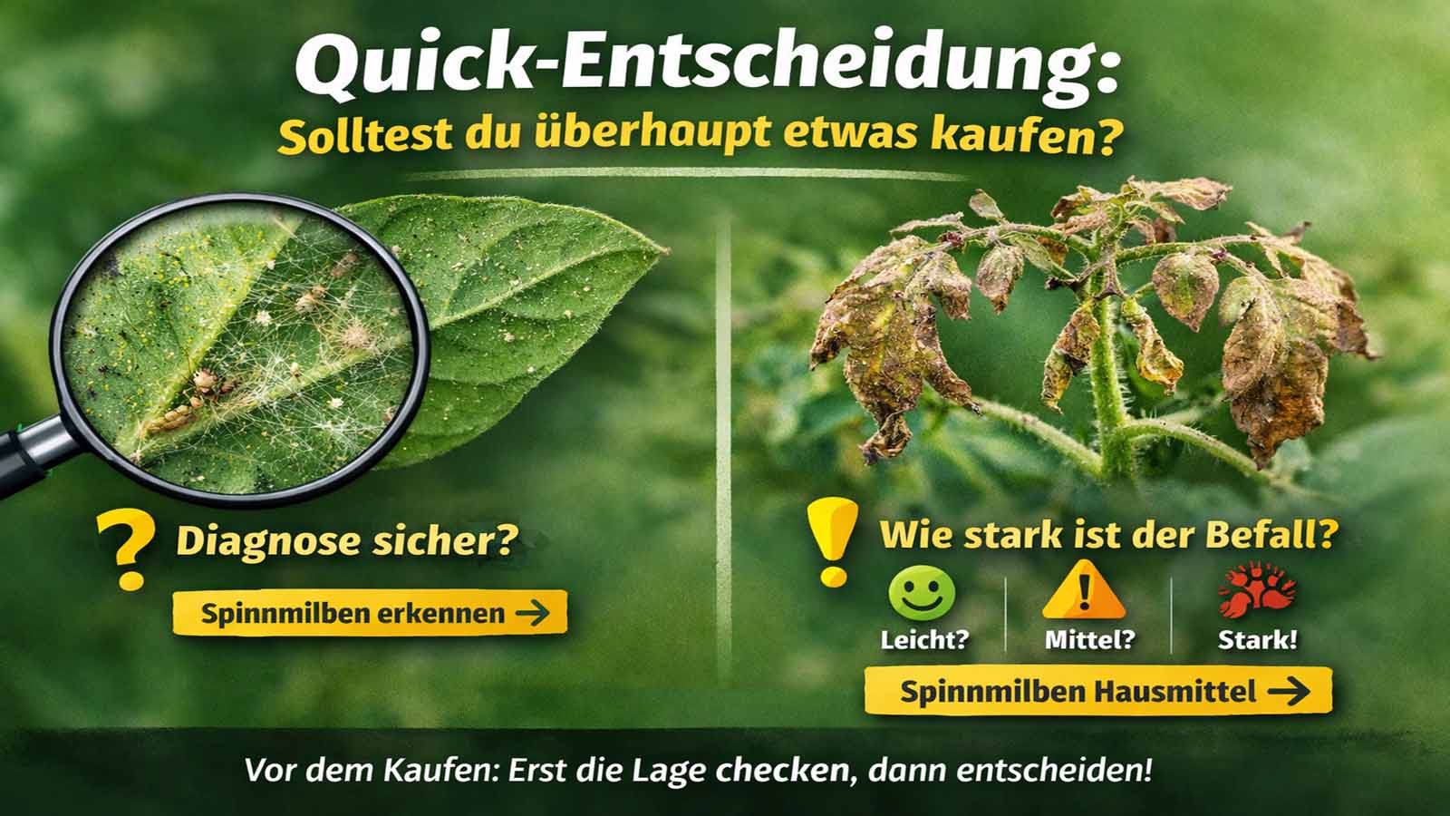 Beitragsbild zur Spinnmilben-Kaufhilfe: Lupe zeigt Spinnmilben und feine Gespinste auf einem Blatt; daneben eine stark geschädigte Pflanze. Text fragt „Diagnose sicher?“ und „Wie stark ist der Befall?“ mit Verweis auf „Spinnmilben erkennen“ und „Spinnmilben Hausmittel“.