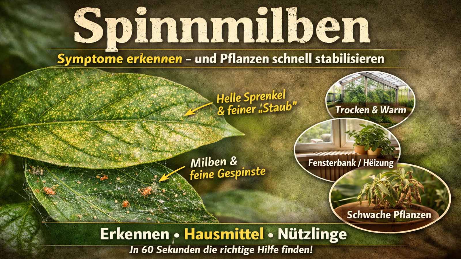 Nahaufnahme eines Blatts mit hellen Sprenkeln und feinen Gespinsten durch Spinnmilben; daneben Hinweise auf trockene, warme Standorte wie Gewächshaus und Fensterbank/Heizung.