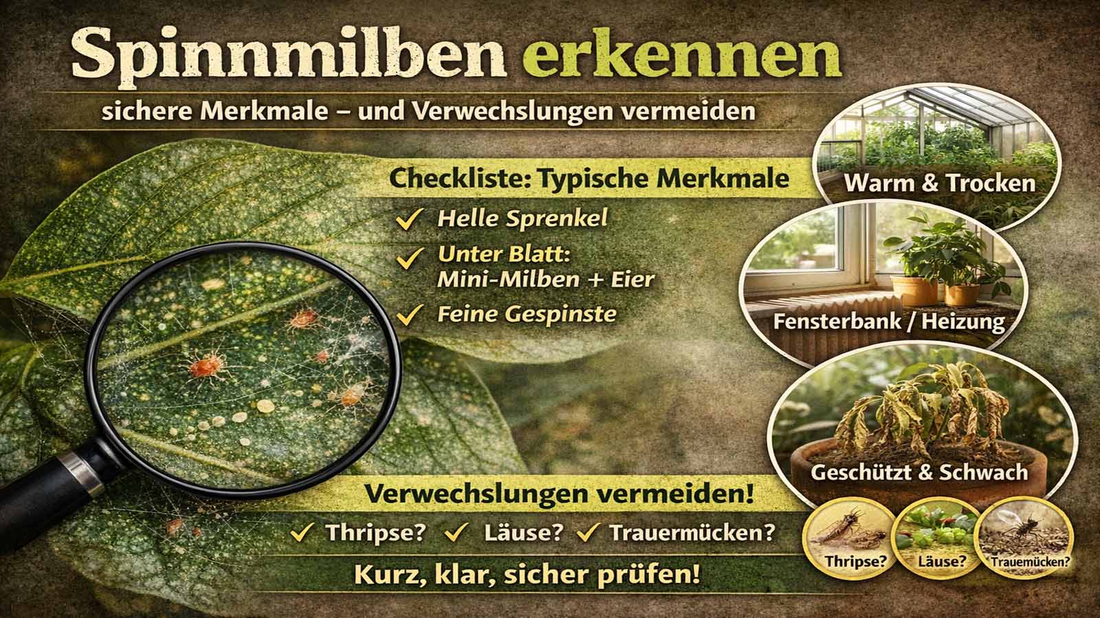Infografik mit Nahaufnahme eines gesprenkelten Blatts unter Lupe, feinen Gespinsten und Checkliste typischer Merkmale; rechts Beispiele für warme, trockene Standorte und unten Hinweise auf Verwechslungen (Thripse, Läuse, Trauermücken).
