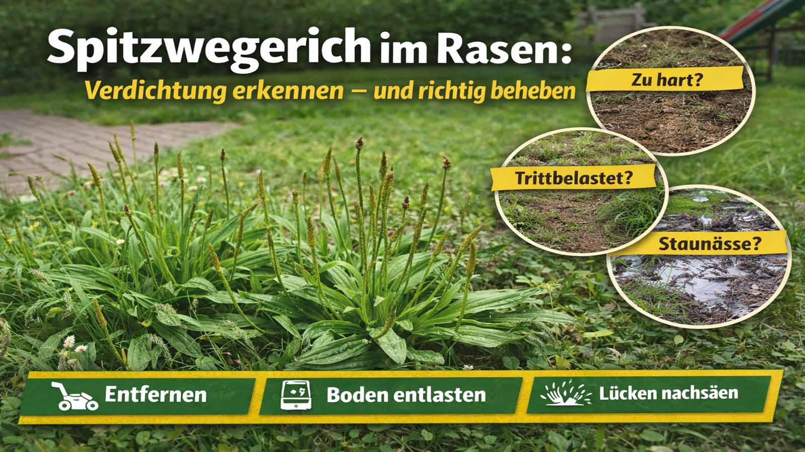 Spitzwegerich-Rosette mit schmalen, gerippten Blättern und Samenständen im Rasen; im Hintergrund ein stark genutzter Bereich. Rechts drei runde Detailbilder mit den Hinweisen „Zu hart?“, „Trittbelastet?“ und „Staunässe?“ sowie unten eine grüne Leiste mit „Entfernen“, „Boden entlasten“ und „Lücken nachsäen“.