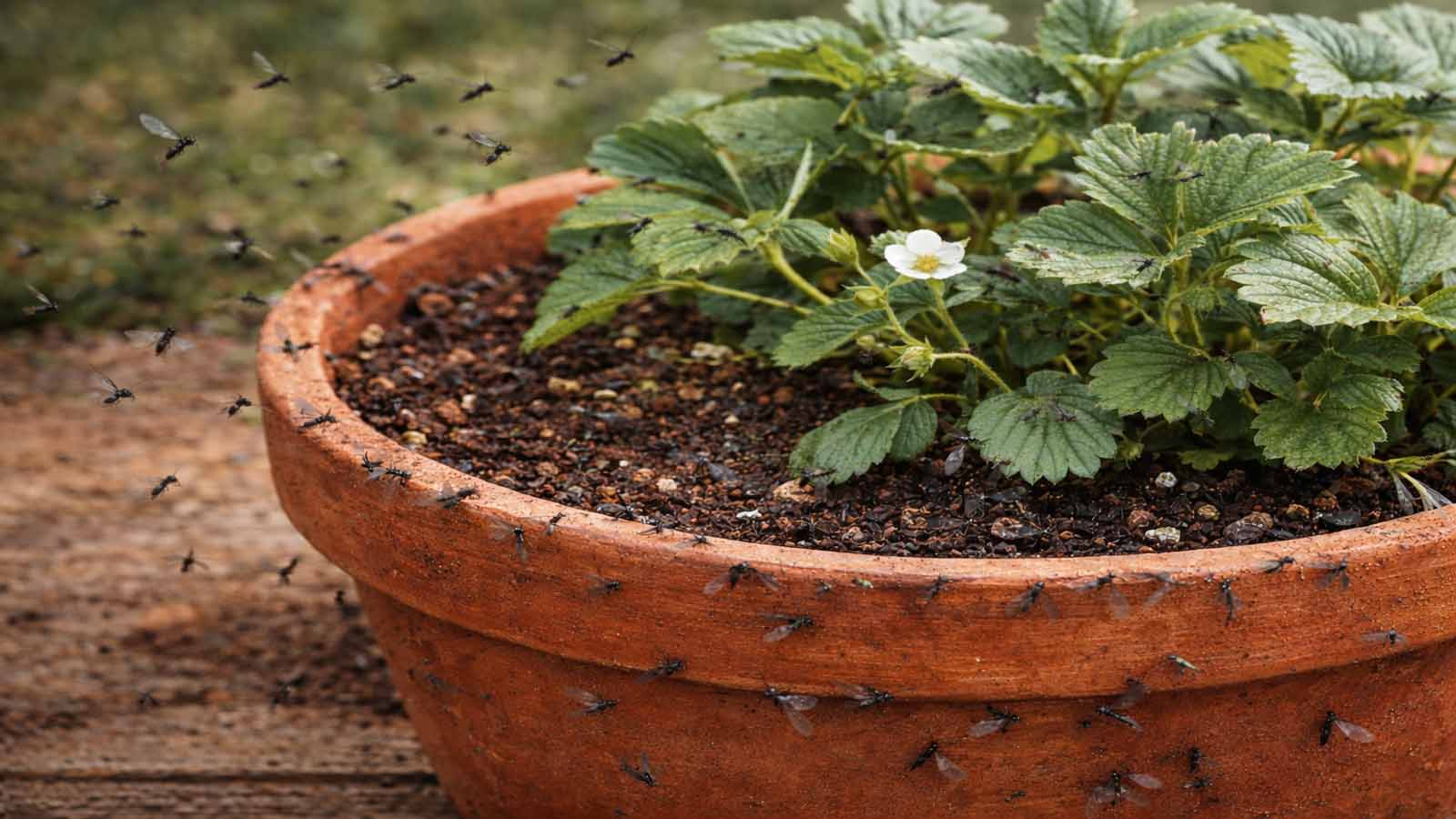 Tontopf mit Topfpflanze und feuchter Erde; zahlreiche Trauermücken (kleine schwarze Mücken mit langen Beinen) sitzen am Topfrand und fliegen über dem Substrat.