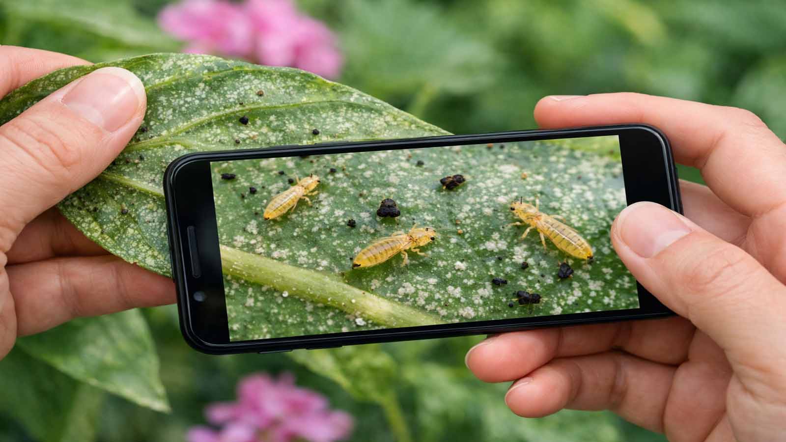 Smartphone fotografiert die Blattunterseite mit sichtbaren Thripsen und silbrigen Fraßspuren im Garten.