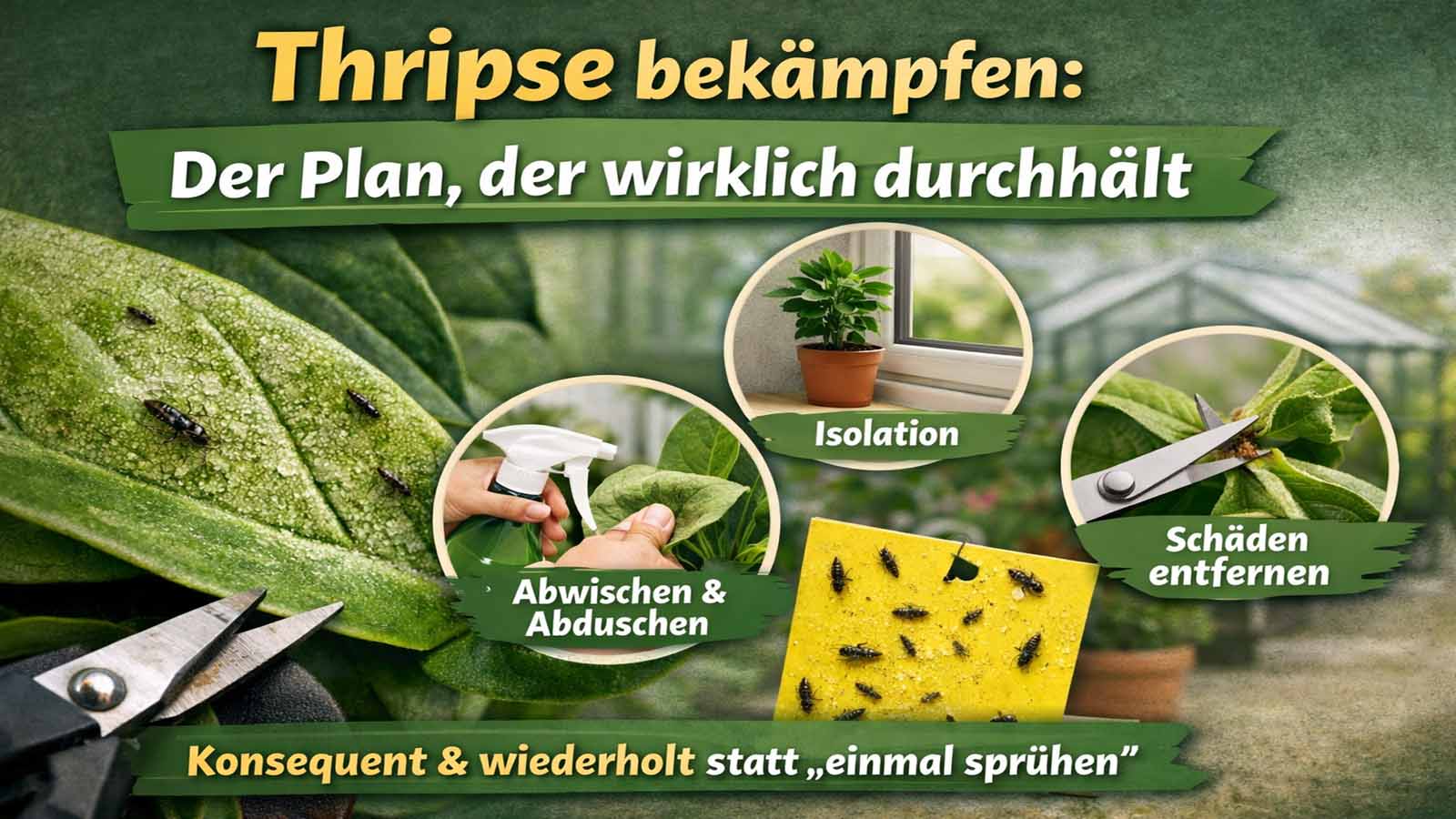 Beitragsbild zur Thripse-Bekämpfung: Nahaufnahme eines befallenen Blatts mit Thripsen, Gelbtafel und Symbolen für Isolation, Abwischen/Abduschen und beschädigte Triebe entfernen – Fokus auf konsequente Wiederholung statt „einmal sprühen“.