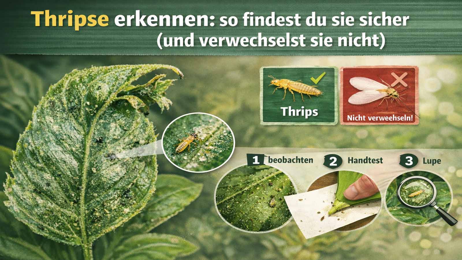 Nahaufnahme eines Blatts mit silbrigen Thripse-Schäden und schwarzem Kot; daneben Schritte „Beobachten“, „Handtest“, „Lupe“ zur sicheren Thripse-Diagnose.