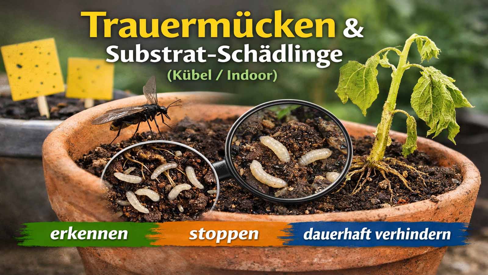 Topfpflanze mit feuchter Erde, Trauermücke und Larven im Substrat, Gelbtafeln im Hintergrund; Fokus auf erkennen, stoppen und dauerhaft verhindern.
