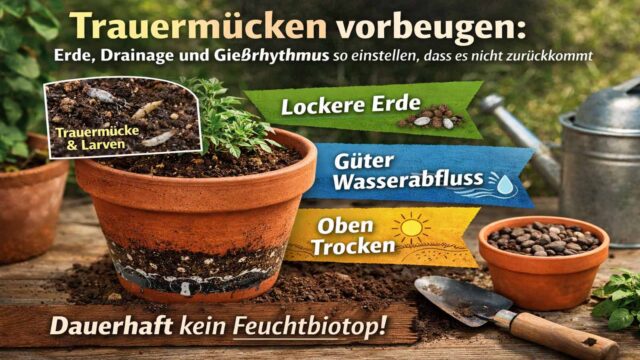 Trauermücken vorbeugen: Erde, Drainage und Gießrhythmus so einstellen, dass es nicht zurückkommt
