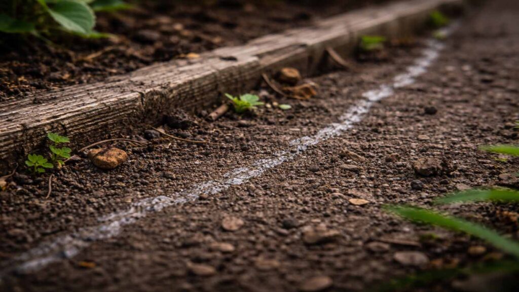 (typisch trocken): matte/unterbrochene Spur auf Erde/Beetkante.