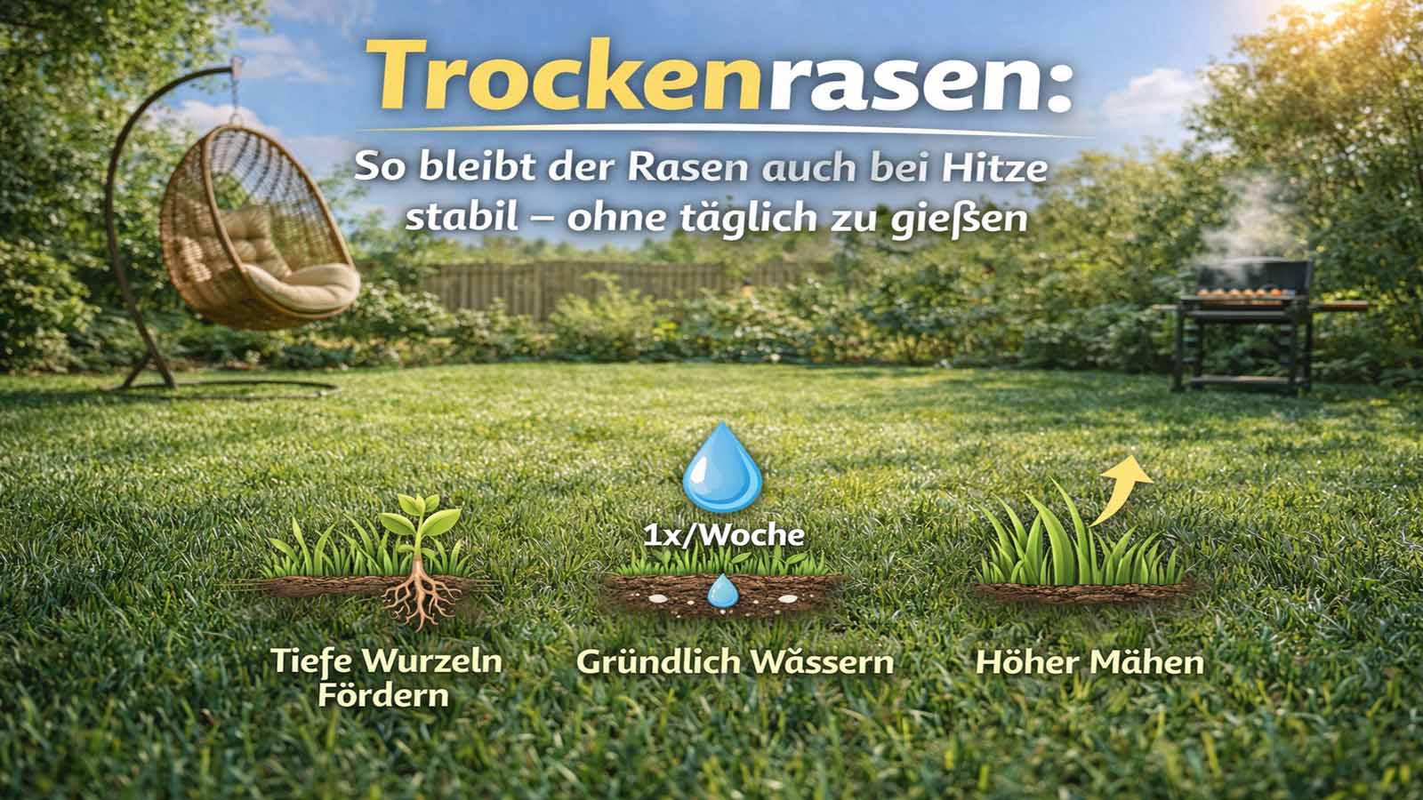 Sonniger Garten mit dichtem Trockenrasen, Hängesessel und Grill; Infografik zeigt: tiefe Wurzeln fördern, 1× pro Woche gründlich wässern, höher mähen.