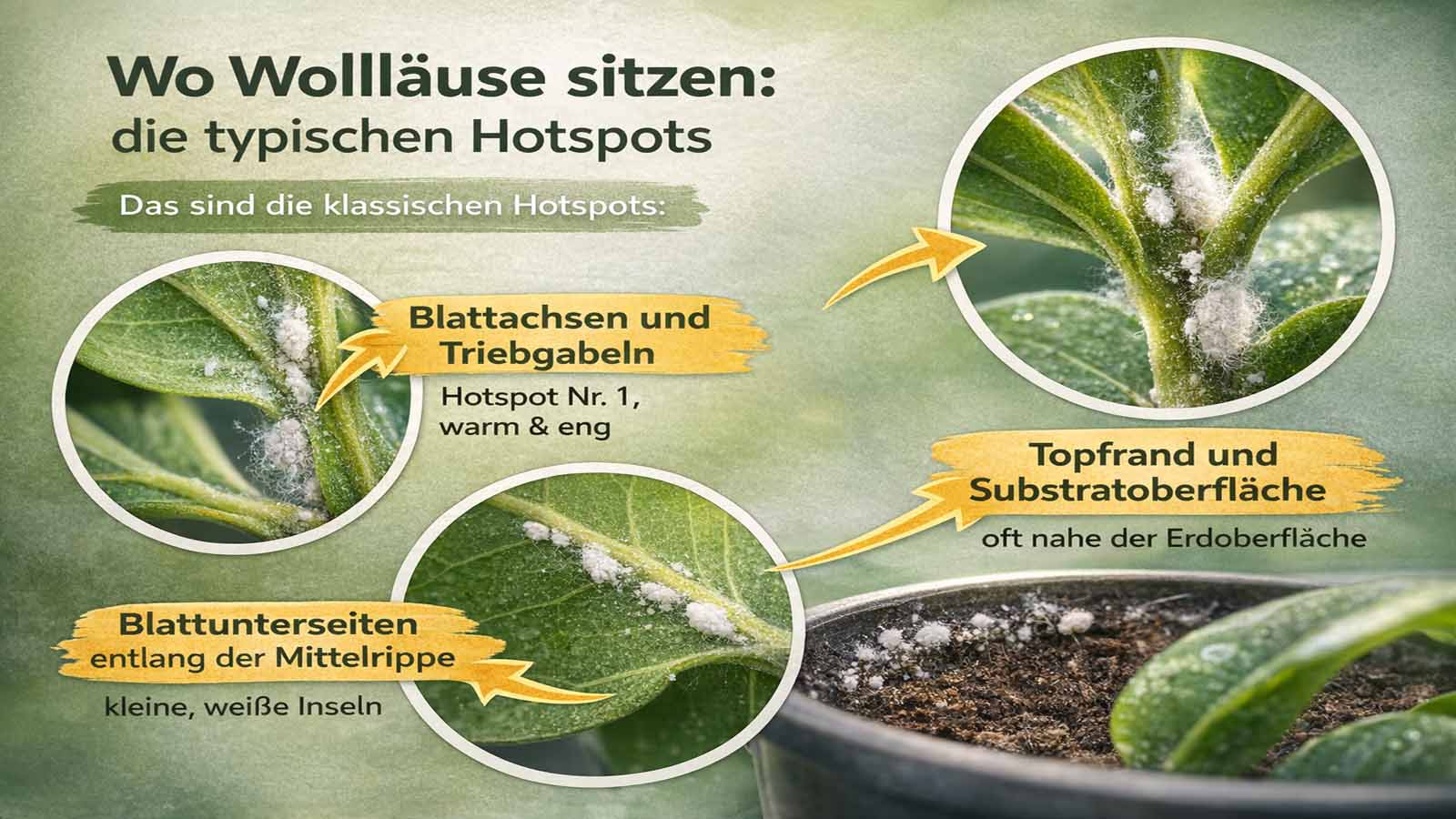 Infografik mit Nahaufnahmen: Wollläuse in Blattachsen/Triebgabeln, an Blattunterseiten entlang der Mittelrippe sowie am Topfrand und an der Substratoberfläche; kurze Hotspot-Beschriftungen mit Pfeilen.