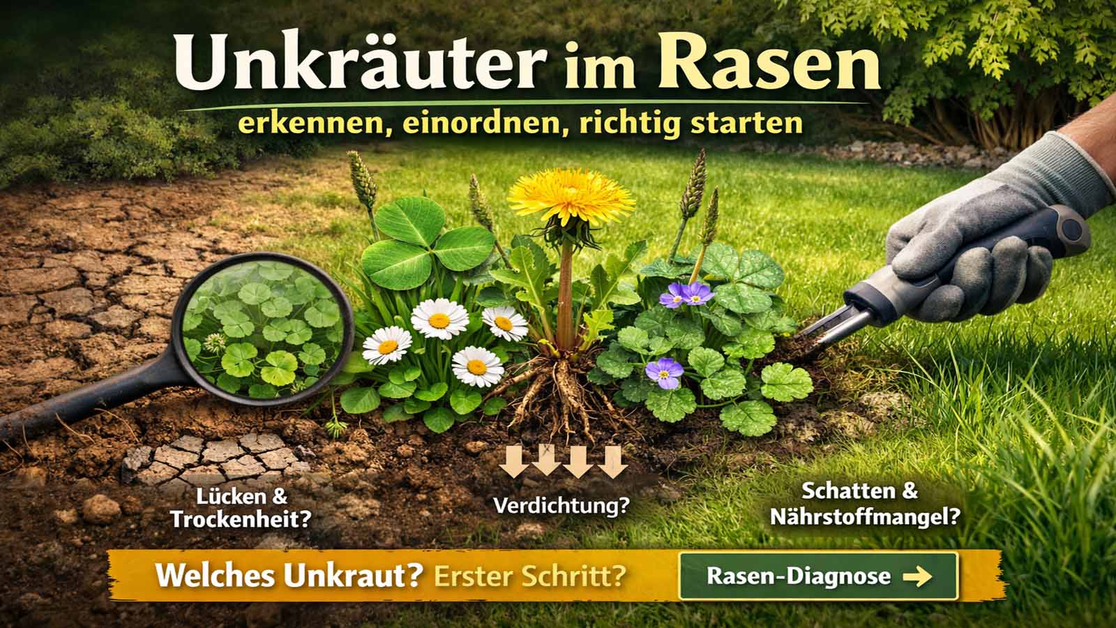 Nahaufnahme eines Rasens mit typischen Unkräutern (Klee, Löwenzahn, Gänseblümchen, Gundermann); rechts entfernt eine behandschuhte Hand mit Unkrautstecher einen Löwenzahn aus dem Boden.