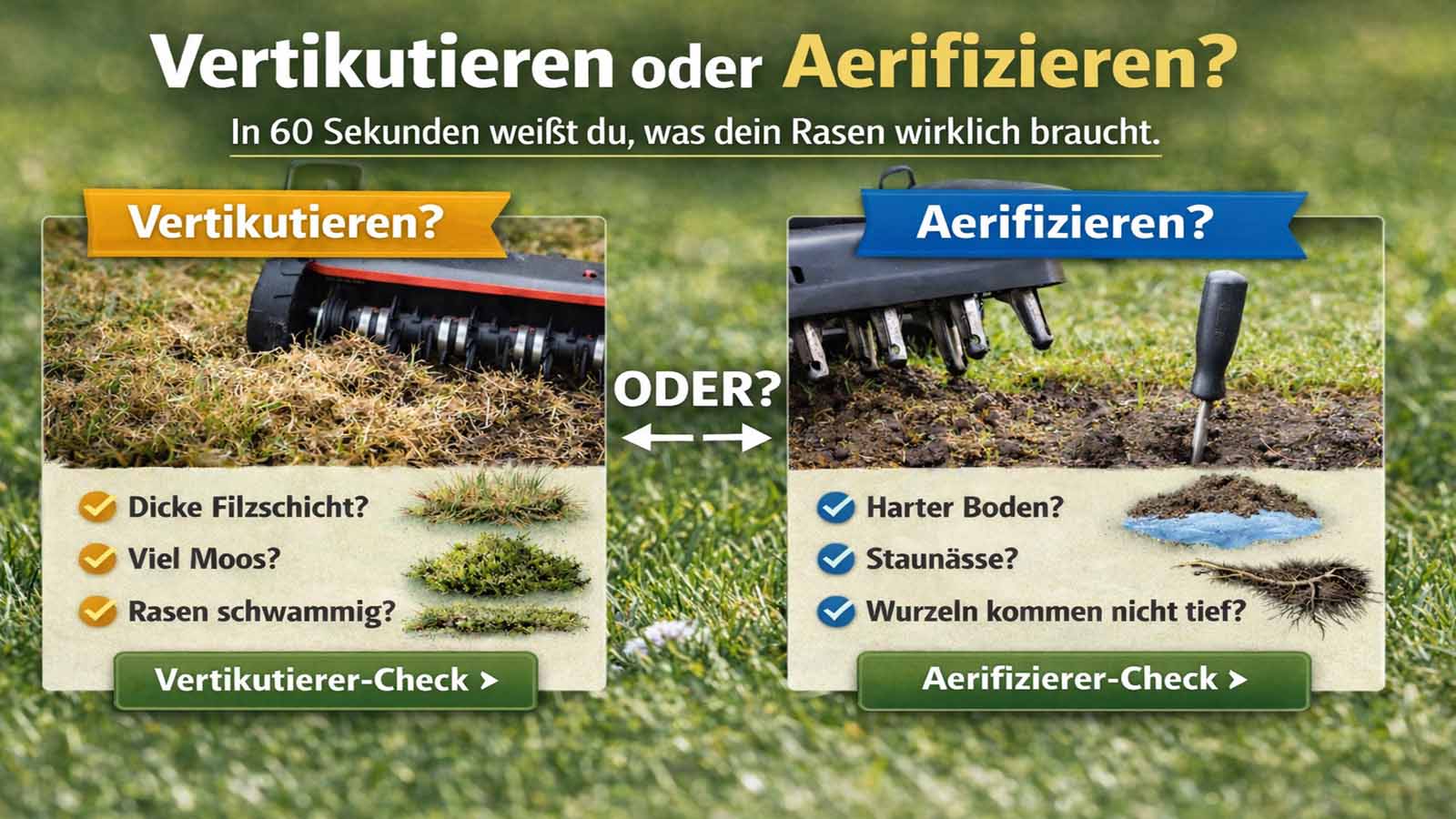 Vergleichsgrafik: Vertikutieren oder Aerifizieren – links Rasenfilz und Moos mit Vertikutierer, rechts verdichteter Boden mit Aerifizierer, Entscheidungshilfe für die richtige Rasenpflege.