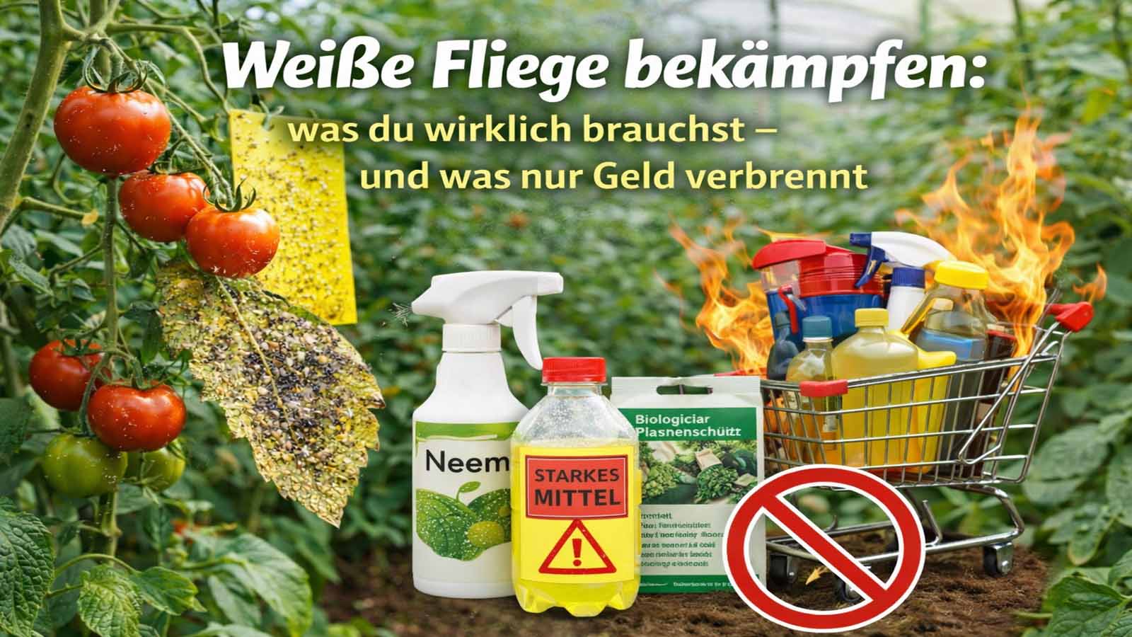 Gewächshaus mit Tomatenpflanzen und Gelbtafel im Hintergrund; im Vordergrund verschiedene Pflanzenschutzprodukte wie Neem-Spray und Flaschen, daneben ein brennender Einkaufswagen als Symbol für Fehlkäufe bei der Bekämpfung der Weißen Fliege.
