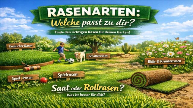 Rasenarten im Vergleich: Zierrasen, Spielrasen, Schattenrasen, Blüh-/Kräuterrasen und Rollrasen – Saat oder Rollrasen?