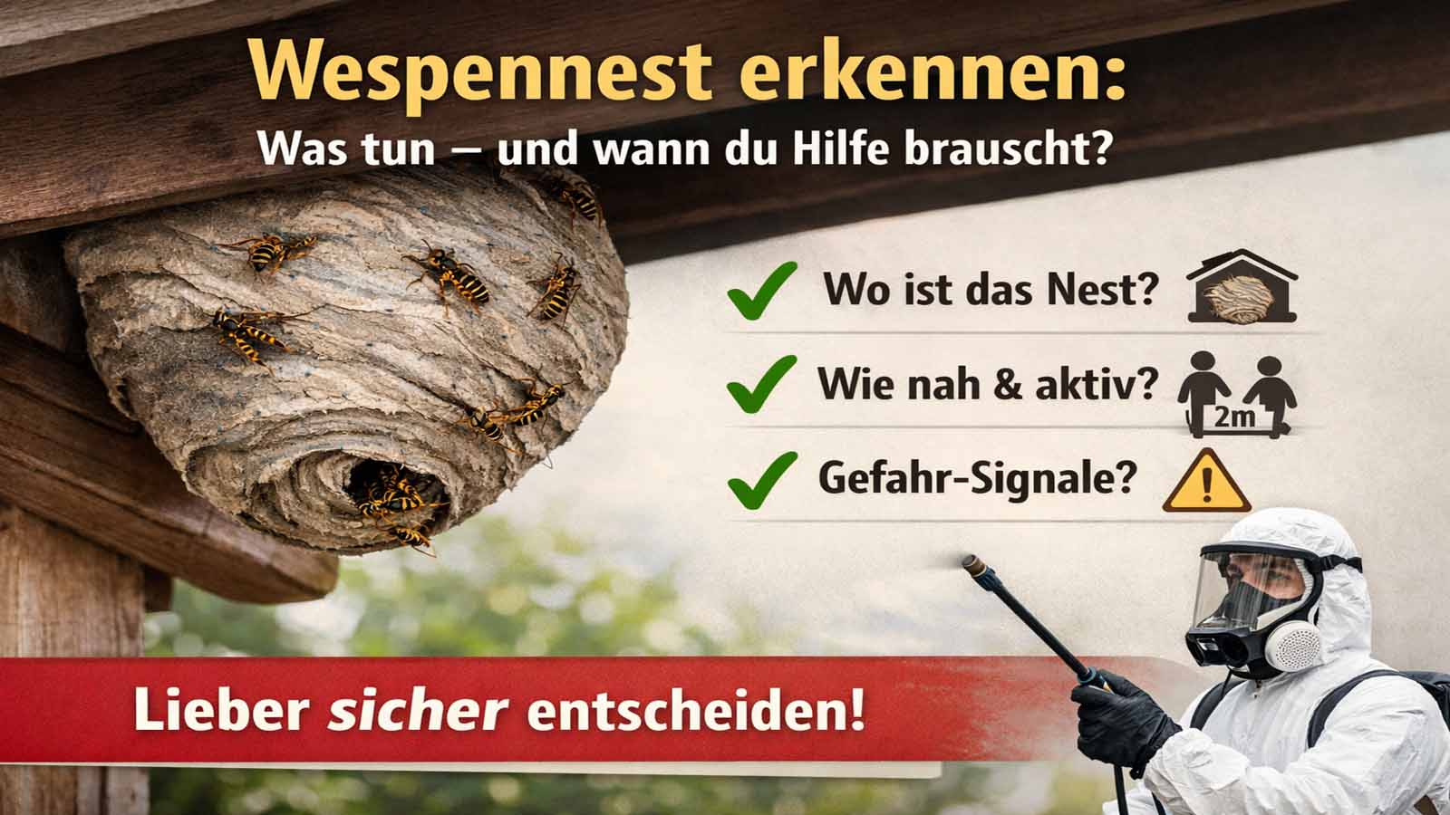 Wespennest unter Dachvorsprung am Haus – Checkliste „Wo ist das Nest?“, „Wie nah & aktiv?“, „Gefahr-Signale?“ und Hinweis auf professionelle Hilfe.