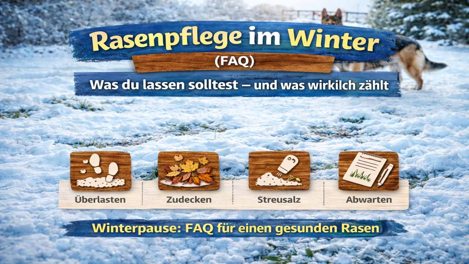 Beitragsbild zur Winter-Rasenpflege: verschneiter Rasen mit Überschrift „Rasenpflege im Winter (FAQ) – Was du lassen solltest – und was wirklich zählt“ sowie vier Icon-Kacheln (Überlasten, Zudecken, Streusalz, Abwarten).