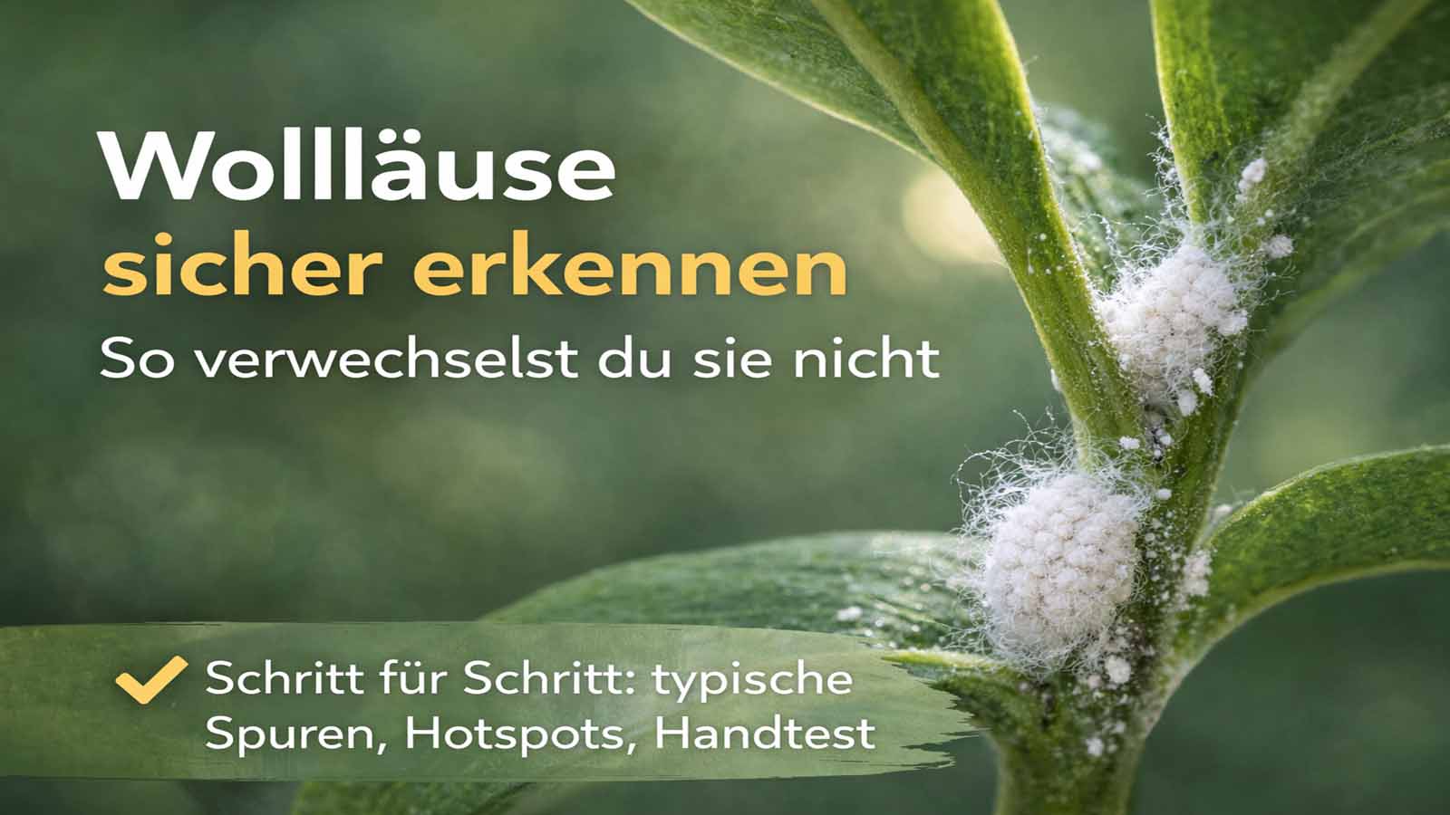 Beitragsbild mit Makro-Nahaufnahme von Wollläusen (watteartige Nester) in einer Blattachse; Text im Bild: „Wollläuse sicher erkennen – So verwechselst du sie nicht“ sowie „Schritt für Schritt: typische Spuren, Hotspots, Handtest“.
