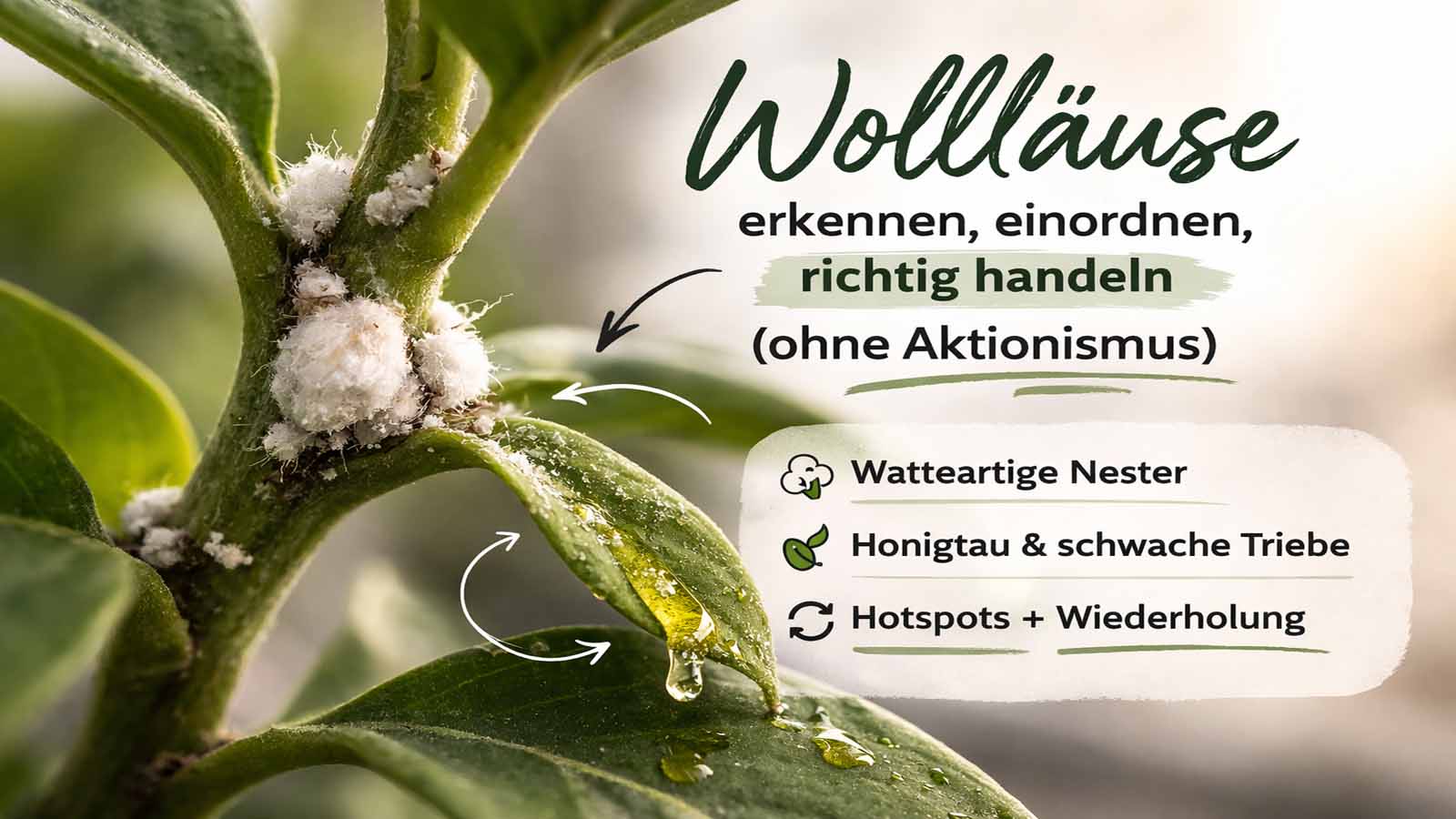 Nahaufnahme einer Pflanze mit Wollläusen (watteartige Nester) an Blattachsen; Beitragsbild mit Text „Wollläuse: erkennen, einordnen, richtig handeln