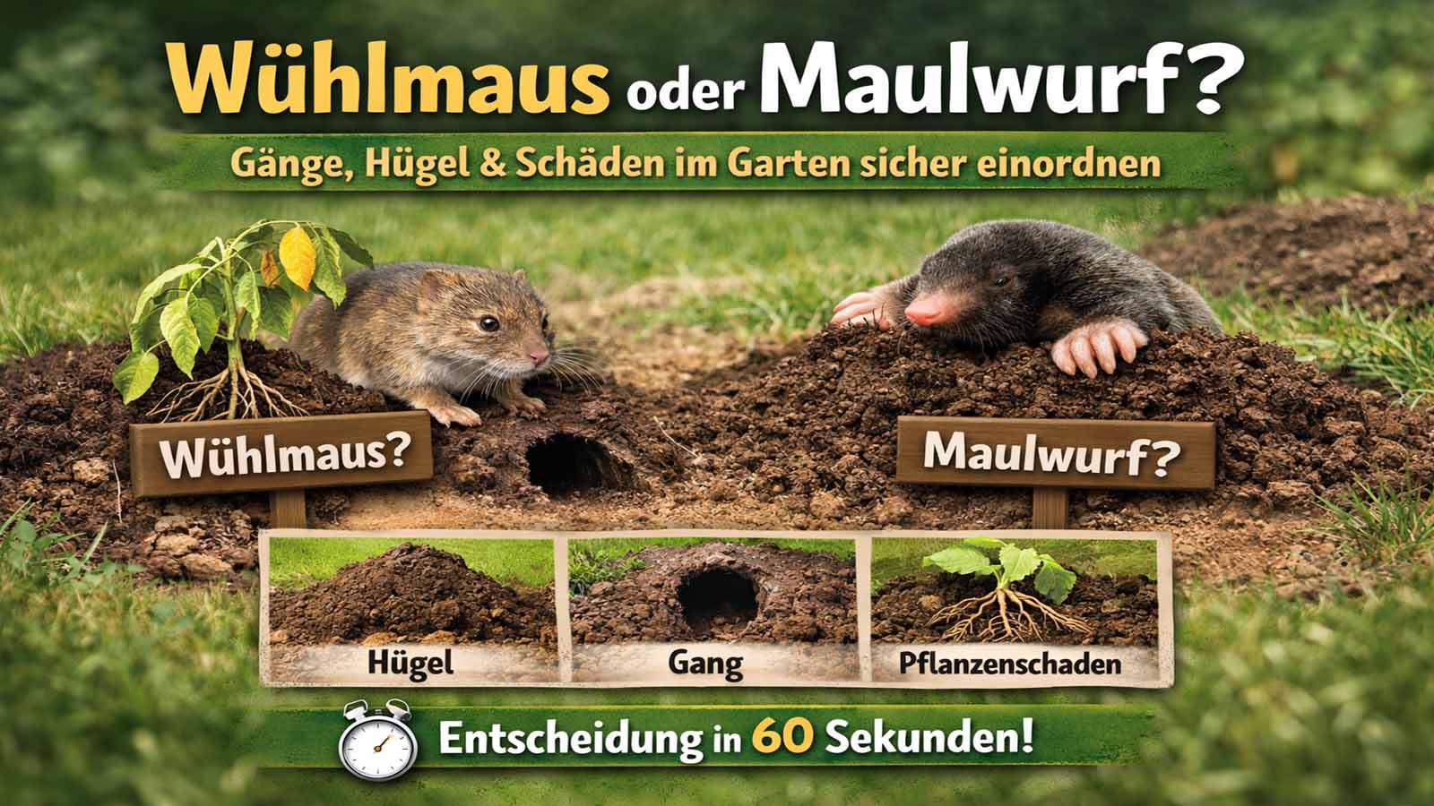 Infografik: Wühlmaus vs. Maulwurf – Hügel, Gang und Pflanzenschaden als Merkmale für die schnelle Entscheidung.