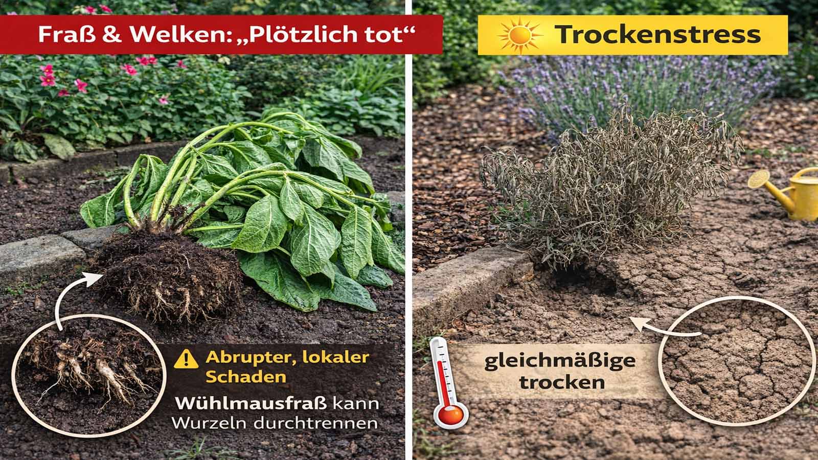 Vergleich im Garten: links plötzlich welkende Pflanze mit beschädigtem Wurzelbereich trotz feuchtem Boden (Wühlmaus-Fraß möglich), rechts gleichmäßig vertrocknete Pflanze in trockenem, rissigem Boden (Trockenstress).