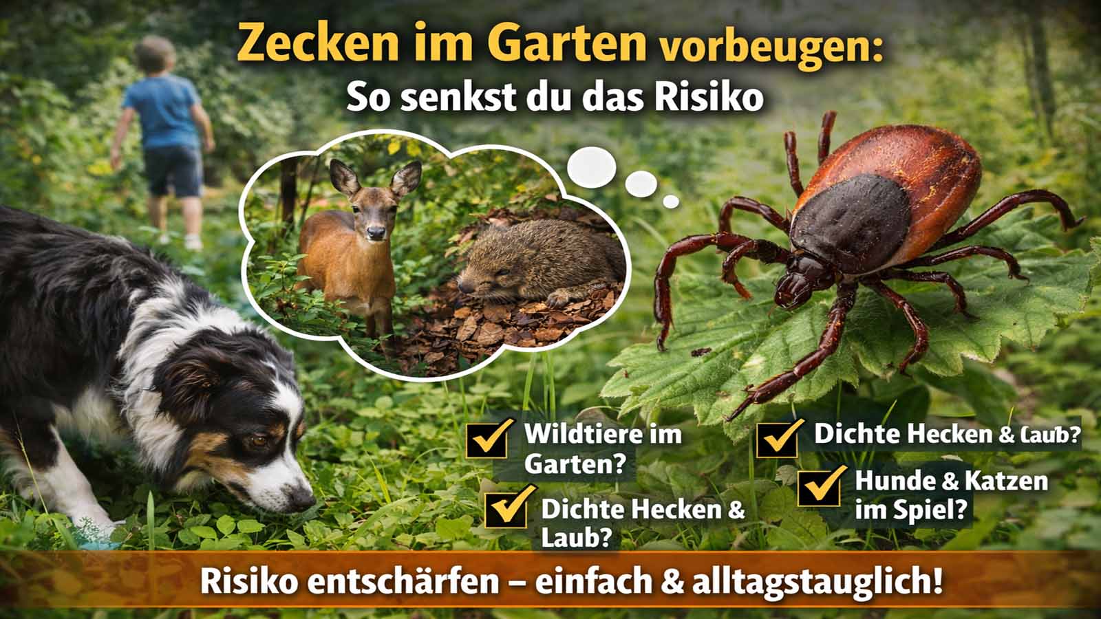 Zecke auf einem Blatt im Garten; Hund schnüffelt im Gras, im Hintergrund Randzone mit dichtem Grün – Vorbeugung gegen Zecken im Garten.