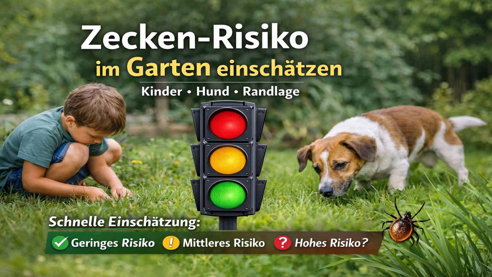 Beitragsbild „Zecken-Risiko im Garten einschätzen“: Kind und Hund im Gras, Ampel-Symbol (grün/gelb/rot) zur schnellen Risiko-Einordnung nach Randlage.