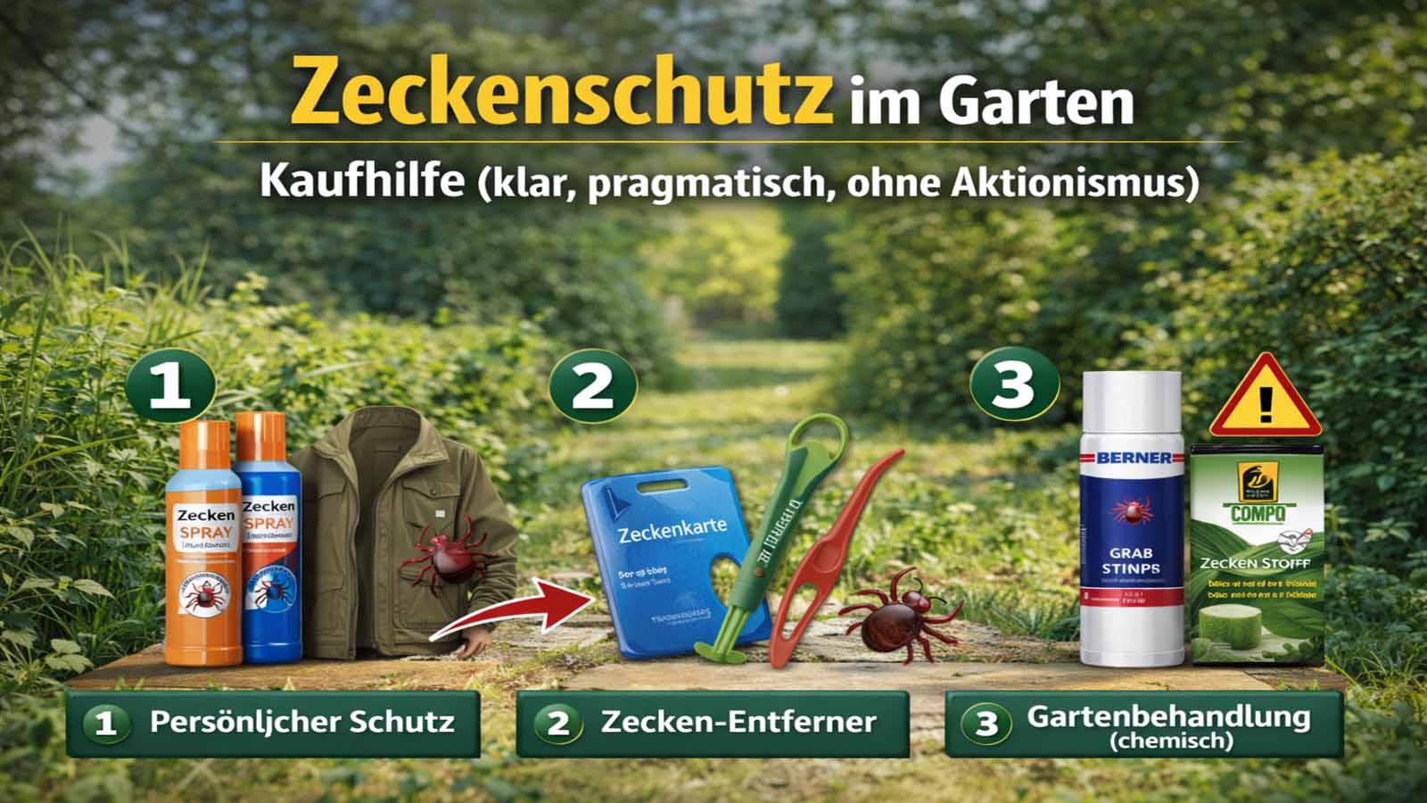 Zeckenschutz im Garten Kaufhilfe: Zeckenspray und Schutzkleidung für persönlichen Schutz, Zeckenkarte und Zeckenentferner zum sicheren Entfernen sowie Zeckenmittel zur gezielten Gartenbehandlung vor Hecken- und Randzonen.