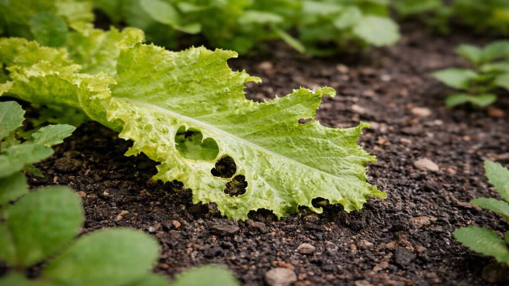 Typischer Schneckenfraß: grober, ausgefranster Randfraß an jungem Blatt