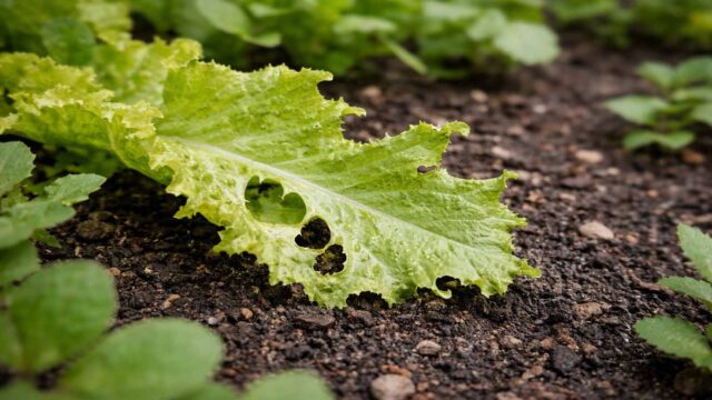 Typischer Schneckenfraß: grober, ausgefranster Randfraß an jungem Blatt