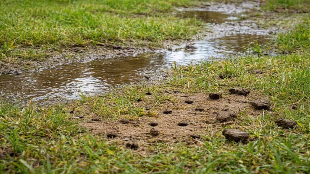 Verdichteter Boden mit Staunässe oder Oberflächenabfluss – typisches Problem, das Aerifizieren unten löst.