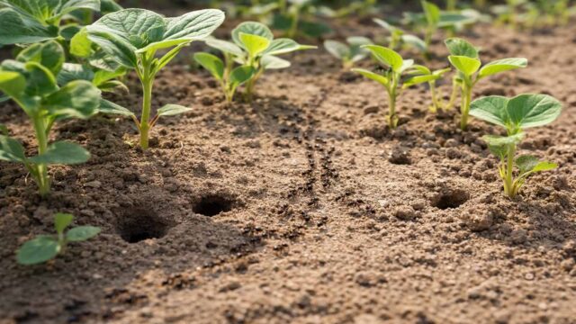 Ameisenstraße im Beet an Jungpflanzen mit kleinen Löchern und trockener, krümeliger Erde.