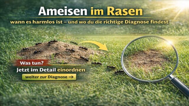 Beitragsbild: Ameisen an kleinem, trocken-krümeligem Erdhügel im Rasen; Lupe zeigt gestresste Grasnarbe – Hinweis auf Diagnose statt blindes Bekämpfen.