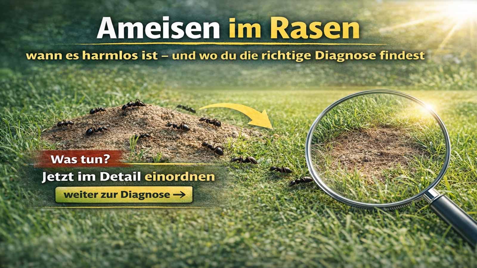 Beitragsbild: Ameisen an kleinem, trocken-krümeligem Erdhügel im Rasen; Lupe zeigt gestresste Grasnarbe – Hinweis auf Diagnose statt blindes Bekämpfen.
