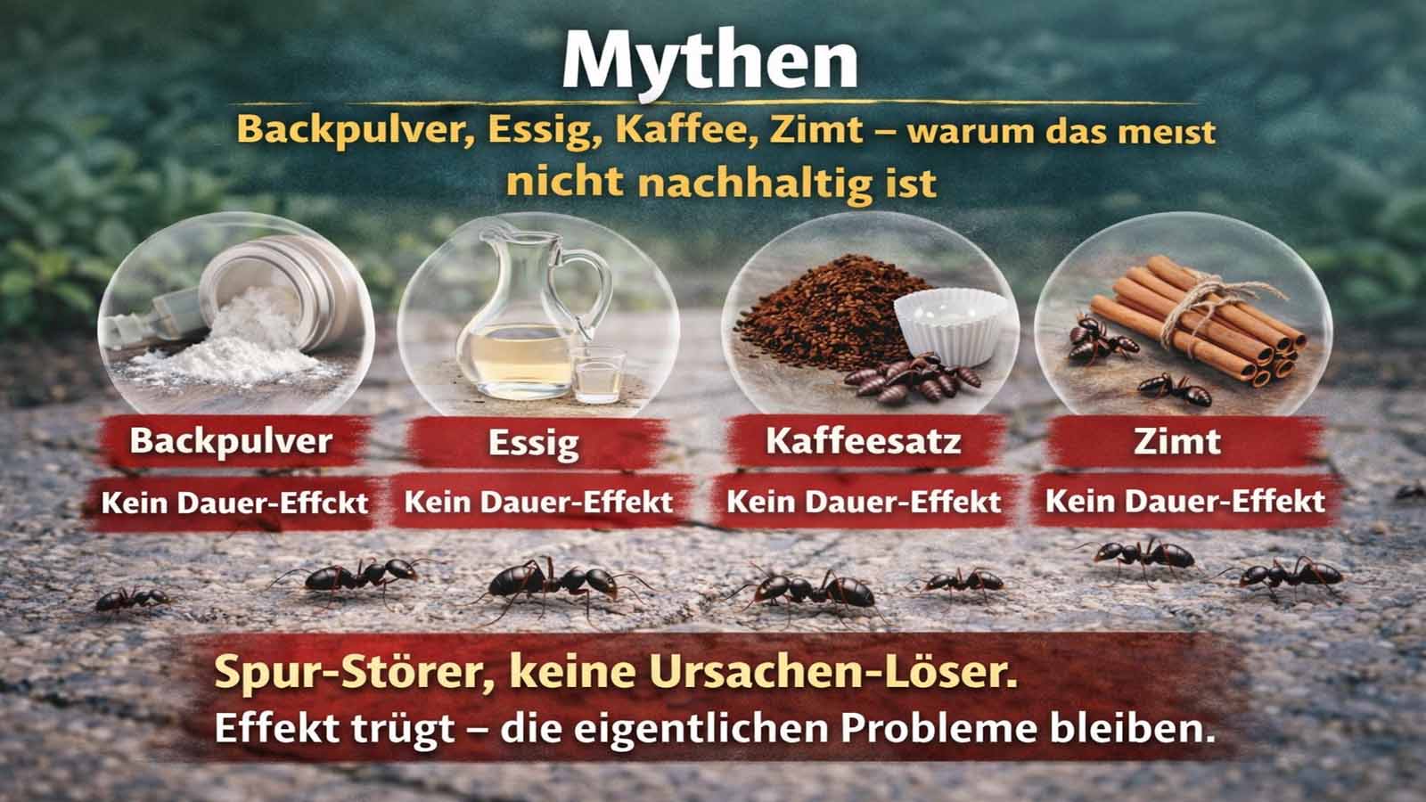 Hausmittel-Mythen vs. Fakten: So stoppst du Ameisen richtig – mit Plan nach Ort (Beet, Terrasse/Haus, Rasen) statt blindem Streuen.