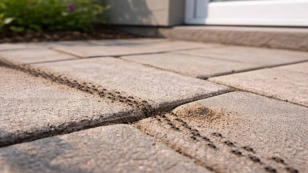 Ameisen an Terrassenplatten: klare Route entlang der Kante und Sand aus Fugen wird ausgetragen.