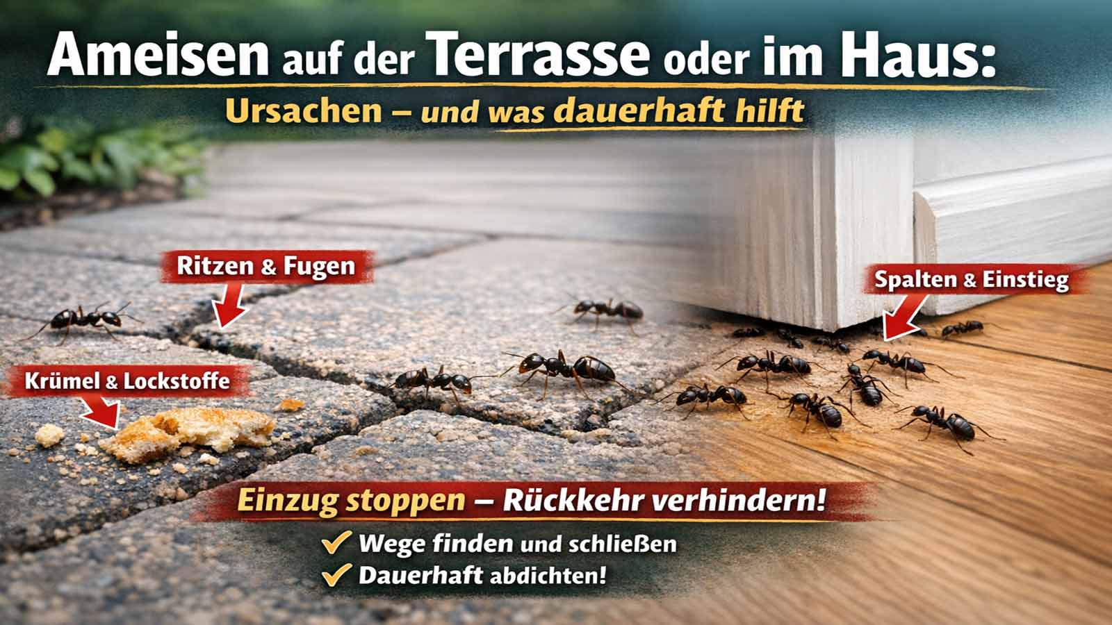 Ameisenstraße an Terrassenfuge und am Türschwellen-Spalt; Krümel als Lockquelle – typische Ursachen für Ameisen auf der Terrasse oder im Haus.