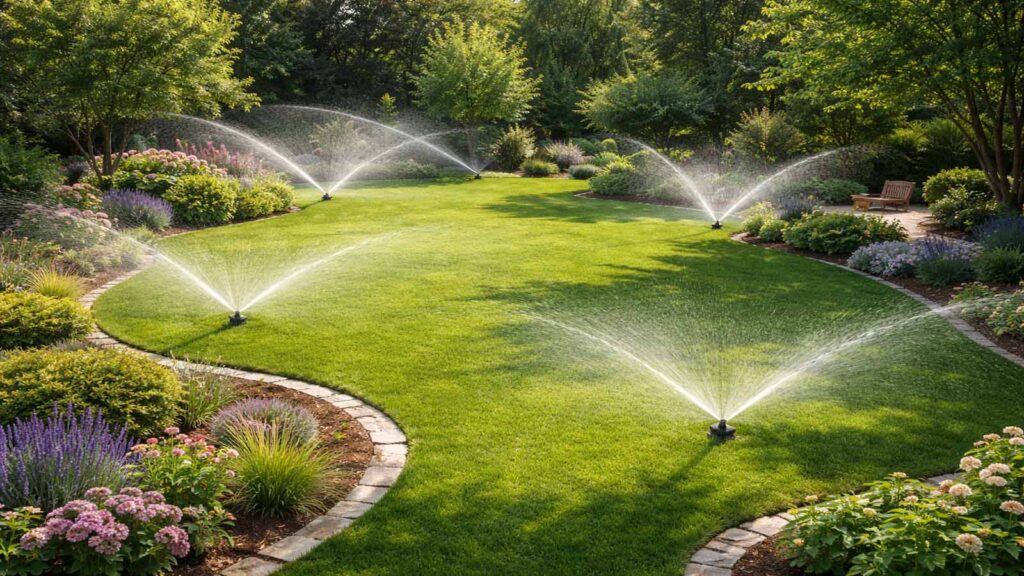 Große verwinkelte Rasenfläche wird in mehreren Zonen mit mehreren Sprengern bewässert.