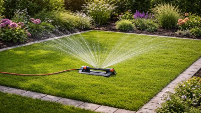 Kleine rechteckige Rasenfläche wird mit einem einzelnen Sprenger gleichmäßig bewässert.