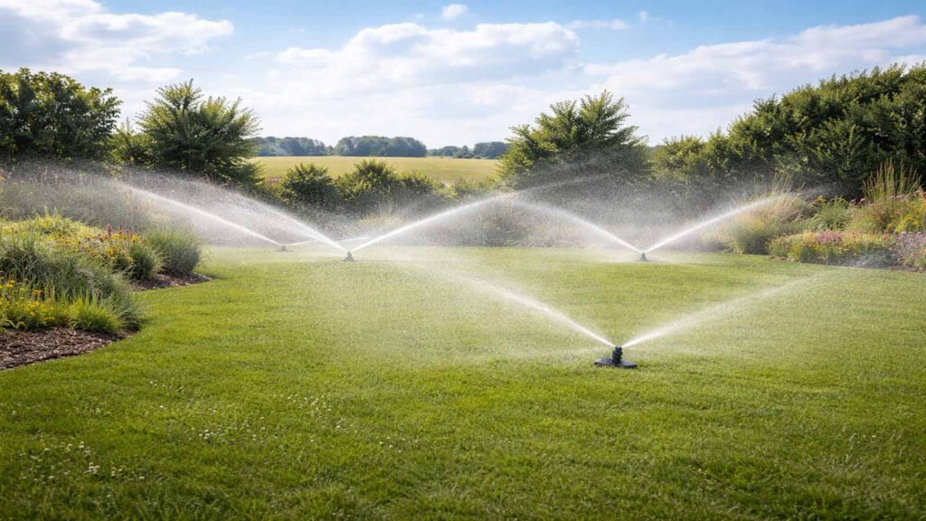 Windige Lage: Sprühnebel wird verweht, Überlappung der Sprenger ist besonders wichtig.