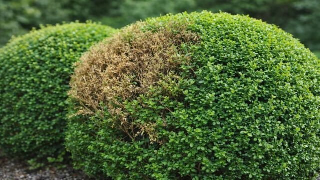 Buchsbaum mit matten, ausgedünnten Partien von außen – ein Hinweis, wo du im Inneren prüfen solltest.