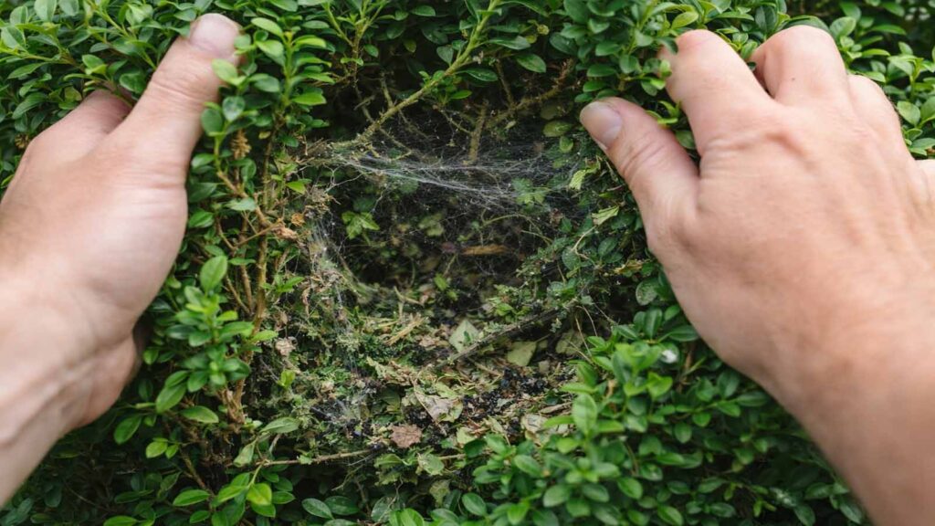 Handtest am Buchs: Hecke wird geöffnet, innen sind Gespinste, Blattreste und Kotkrümel sichtbar.