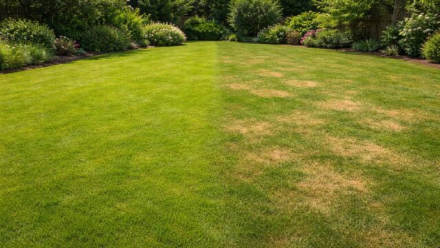 Rasenmuster: großflächig hell/gelblich neben fleckigen gelb-braunen Inseln.