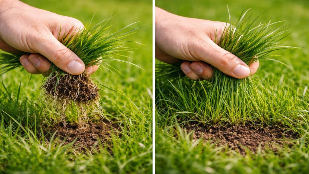Zieh-Test im Rasen: Gras lässt sich leicht herausziehen (schwache Wurzeln) oder sitzt fest.