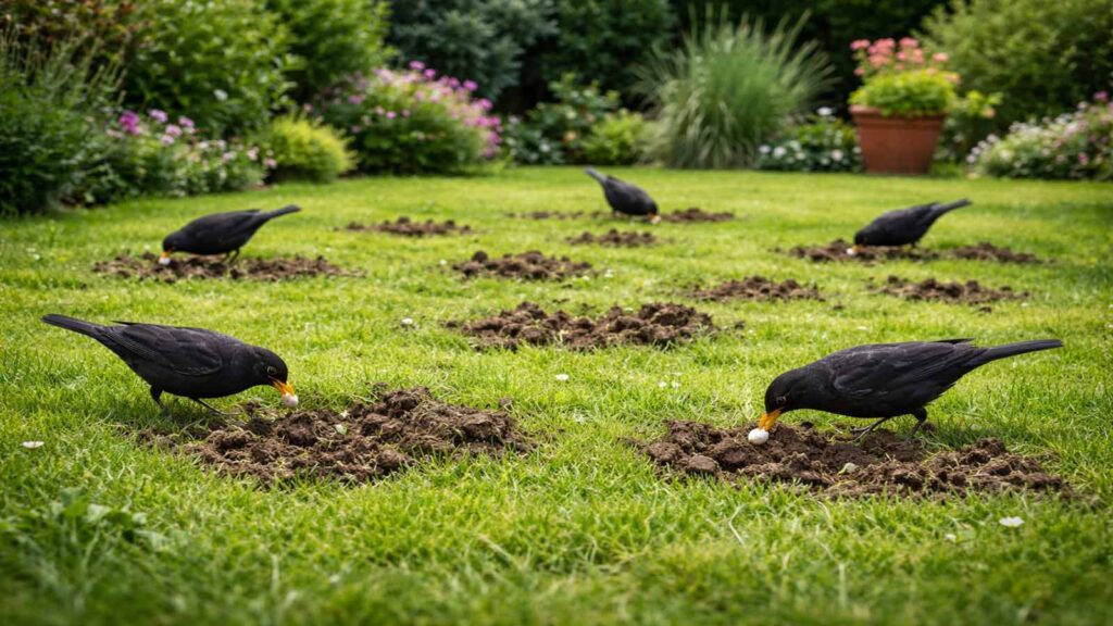 Engerlinge-Hinweis: Vögel hacken Löcher in den Rasen und reißen Stücke heraus.