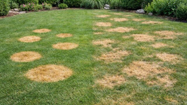 Gelb-braune Rasenflecken: runde ringförmige Kreise neben unregelmäßigen Inseln.