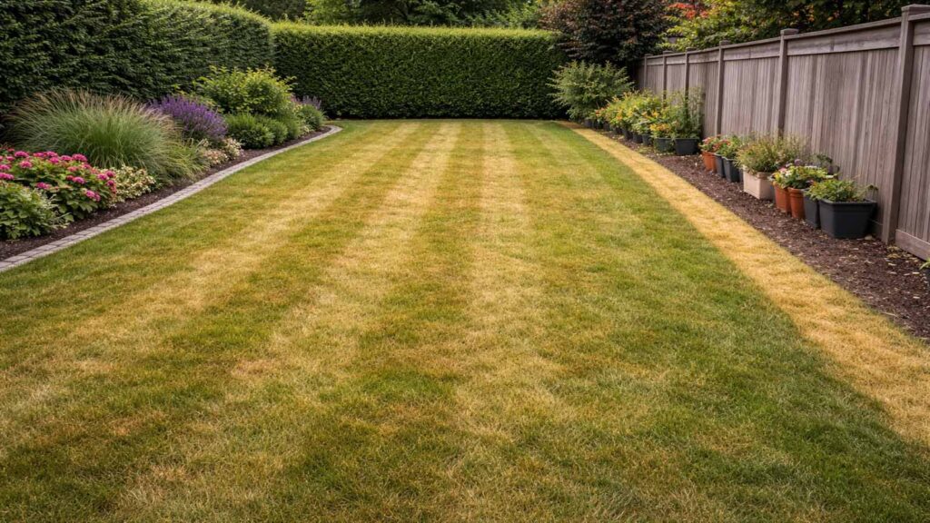 Rasen mit Streifen: parallele Bahnen in eine Richtung und ein Streifen entlang einer Kante.