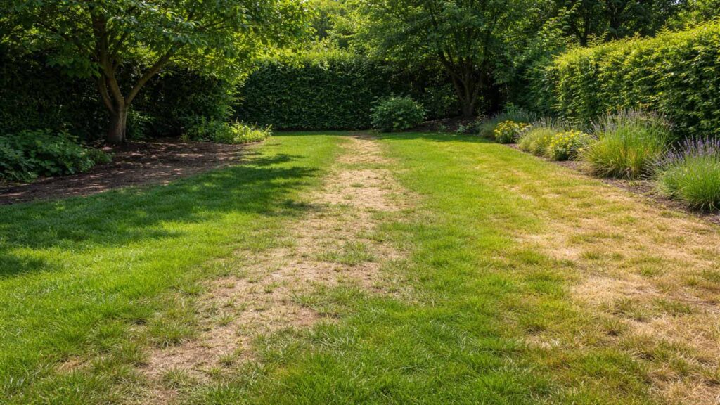 Flecken an typischen Orten: Trampelpfad/Spielzone, unter Baum/Hecke und sonniger Randbereich.
