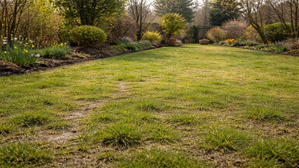 Frühlingsrasen bei „Gelb“: noch feucht und zögerlich im Wachstum, aber nicht komplett nass.