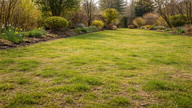 Frühlingsrasen bei „Grün“: begehbar, keine Matschstellen und sichtbares Wachstum.